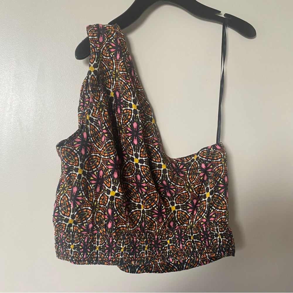 NWT Anthropologie | Brown Printed One-Shoulder 100% Linen Cropped Top, M - Picture 4 of 7